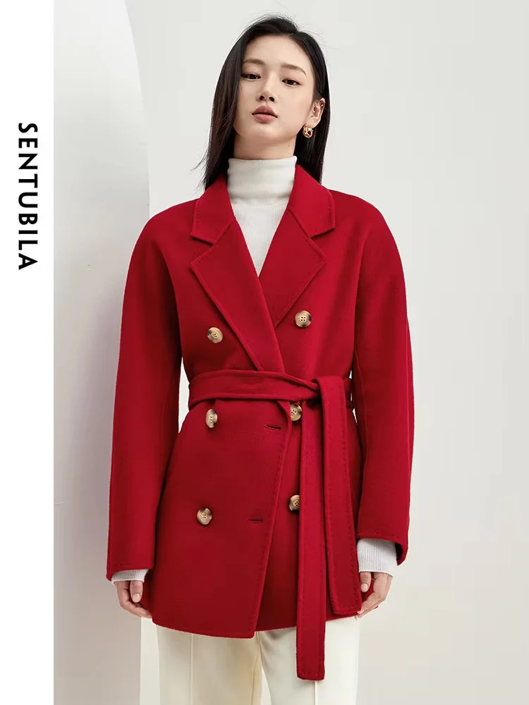 SENTUBILA Red Wool Wrap Coats for Women 2024 Winter Clothes Double Faced 100% Wool Loose Warm Jacket Female Outerwear W44O58458X