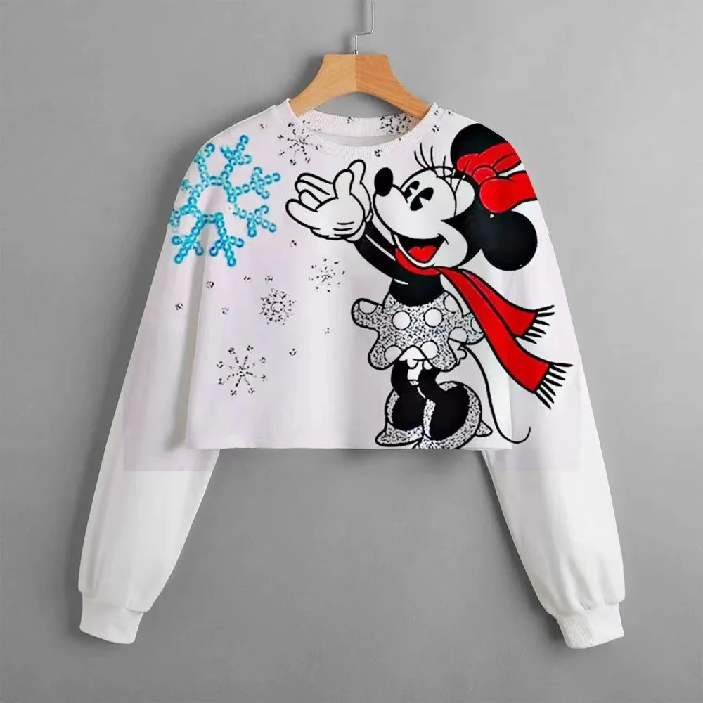 2024 Christmas Classic Disney Children\'s Clothing Mickey Mouse Print Girls Short Hoodie Sweater Casual Comfortable And Cute Top