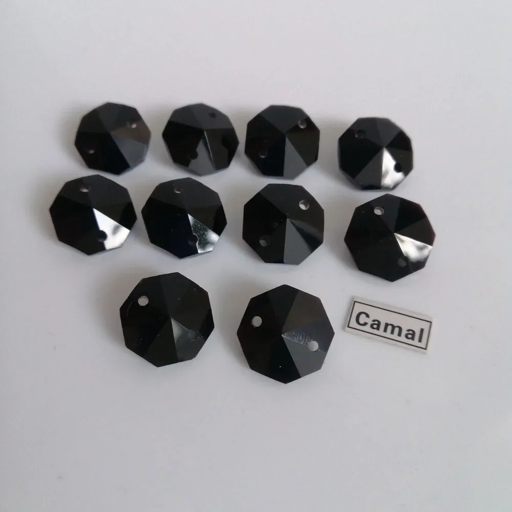 Camal 20pcs 14mm Black Glass Crystal Octagonal Loose Beads With 1 Hole/2 Holes Prism Pendant Chandelier Lighting Part Home Decor