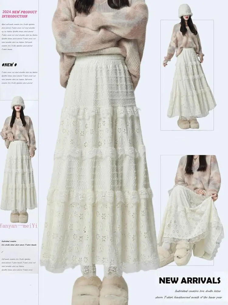 Ballett Sle bestickt f Rock hohe Taille Thiened Spitze Kuchen Rock A-Linie Midi Rock Damen Herbst Winter langen Rock