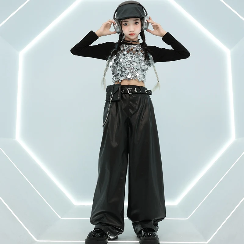 Modern Jazz Dance Costume Girls Sequin Long Sleeves Tops Black Pants For Kids Street Dance Hip Hop Clothing Stage Wear BL13780
