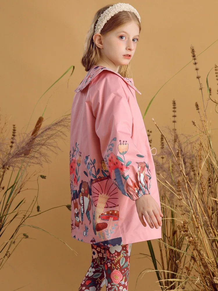 Girls Trench Coat Long Sleeve Zip Closure Flowers Printed Peter Pan Collar Spring and Autumn Coat