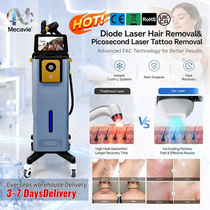 Diode Lase Hair Removal 5 Wavelengths Pico Tattoo Removal Machine 755nm FAC Collimation Ice Cooling System Foldable Touch