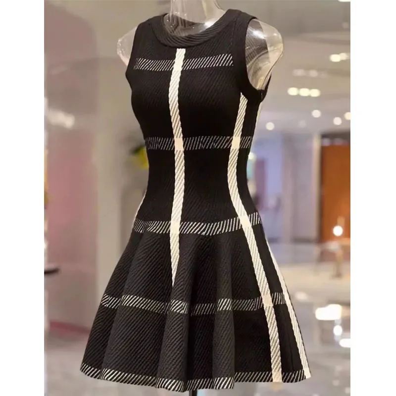 

2025 Summer New Korean Fashion Contrast Sleeveless Cotton Mini A-line Knitted Women's Dress Fashion Summer Dress