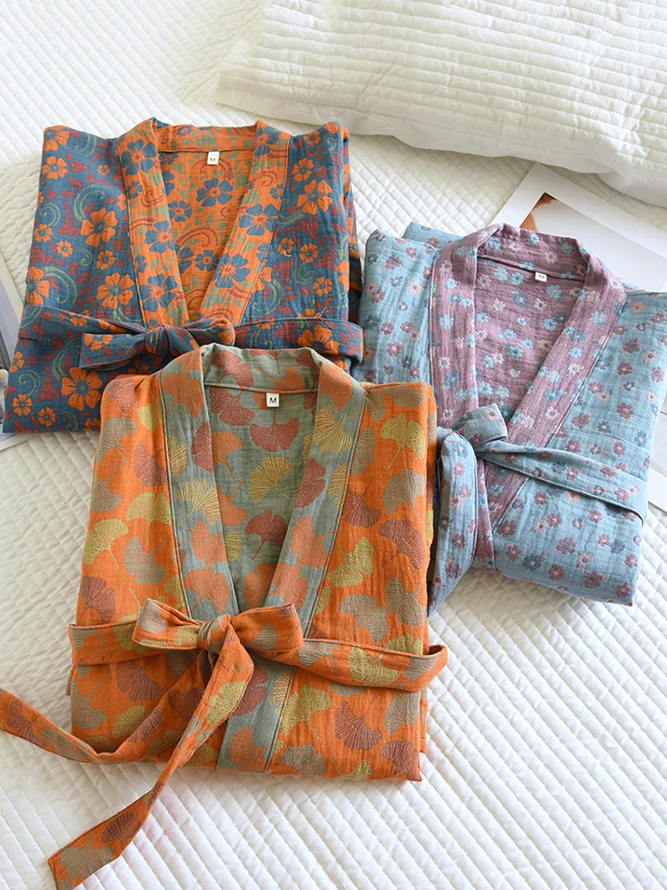 

Color Woven Pure Cotton Gauze Robe Ladies Spring Autumn Thin Loose Korean Sle Home Clothes Nightgown Batobe for Women