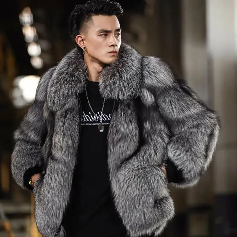 Streetwear Men's Faux Fox Fur Coat Winter New Warm Casual Overcoat Handsome Tide Loose Plus Size Short Square Collar Clothes