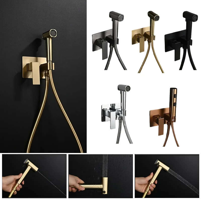 

Brushed Gold Bidet Sprayer Set Wall-Mounted Solid Brass Shattaf Shower Mixer Hot/Cold Faucet for Premium Bathroom Hygiene