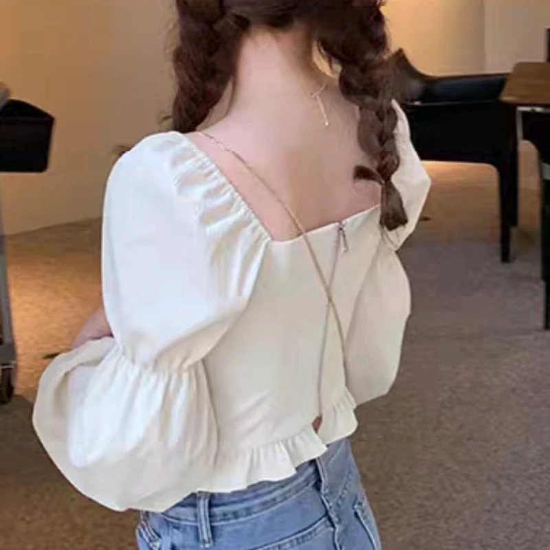 Lantern Sleeve Blouses Women Clothing Lace-up Temper Solid Crop Tops Sexy Casual Vintage Holiday Basics Aesthetic Korean Style