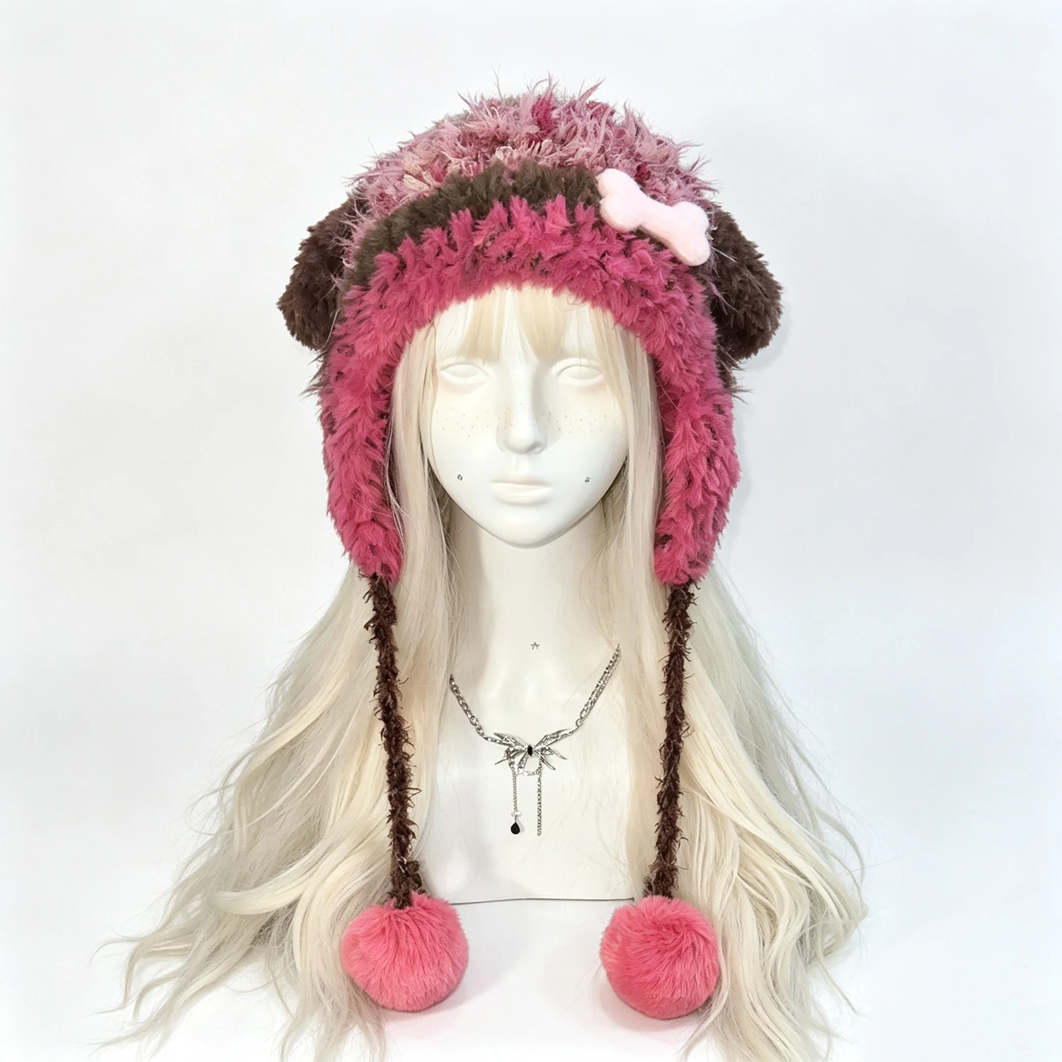 Custom Hand-Crocheted Magenta Pink Puppy Dog Ear Hat Women Cozy Pom Bone Charm Beanie Kawaii Fairycore Lolita Winter Headwarmer