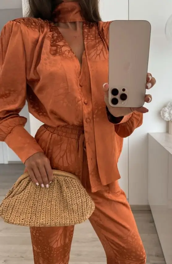 

V-Neck Button Front Long Sleeve Top and Drawstring Elastic Waist Pants Set Casual Satin Jacquard Set