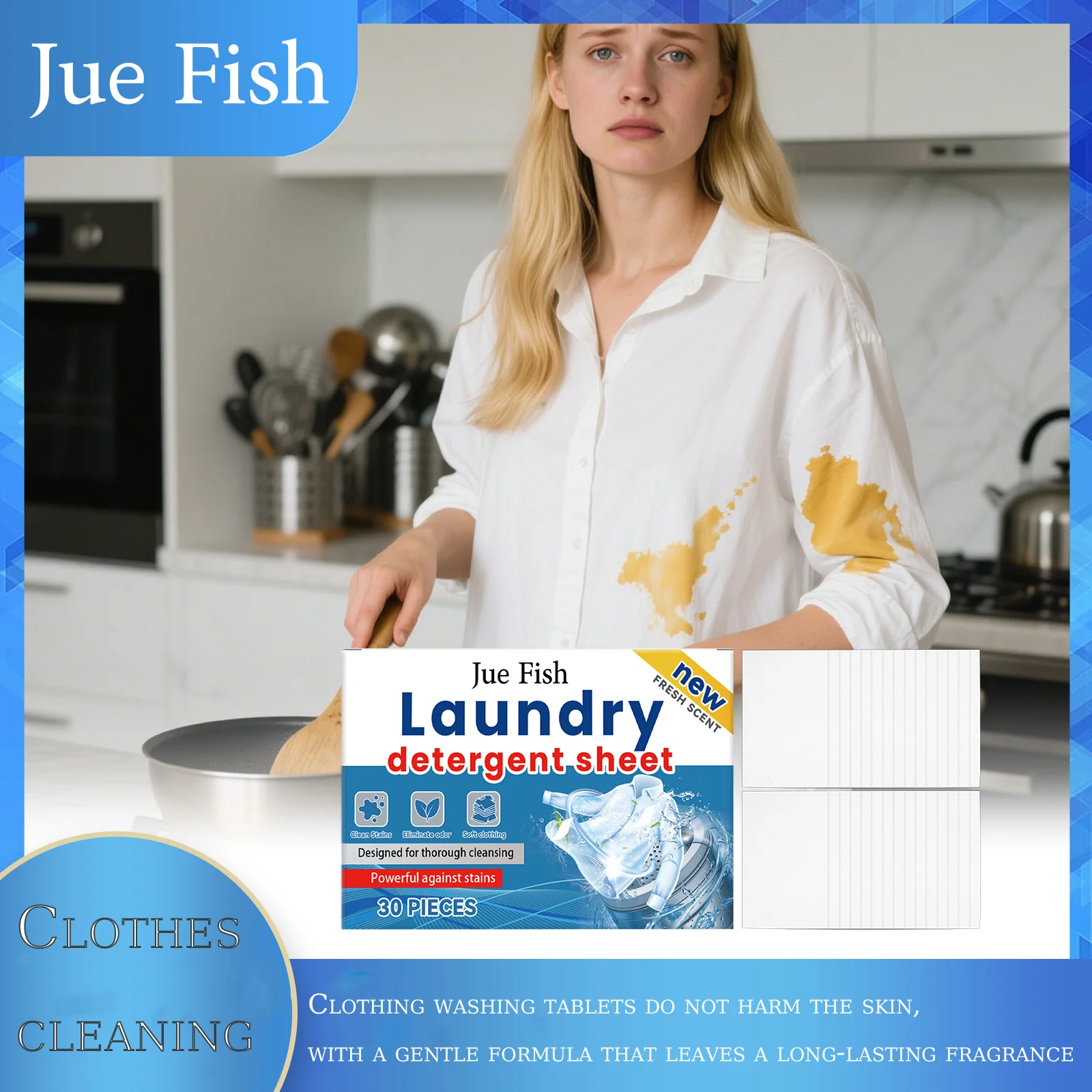 

Jue Fish 30 PIECES Laundry Detergent, Daily Clothing Cleaner, Cleanses Clothing Stains with Gentle Care for the Skin