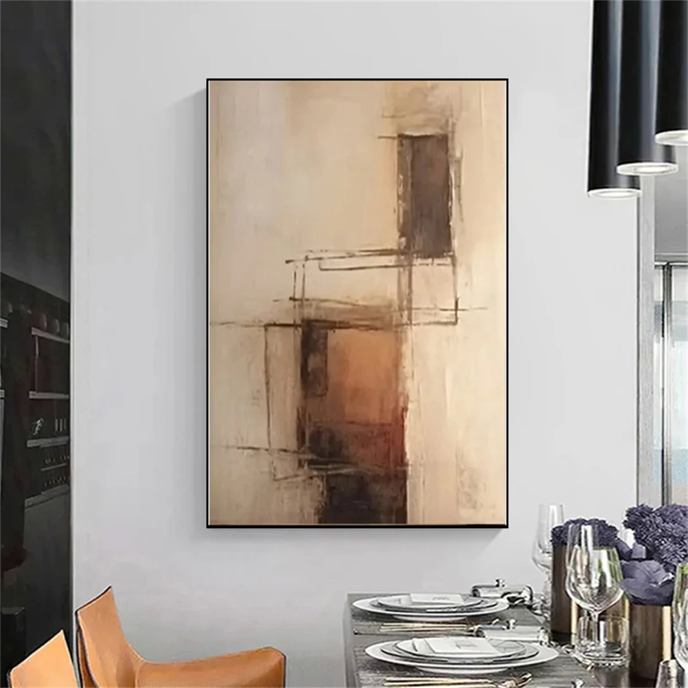 Nordic Morandi Neutral Tone Hand-Painted Oil Painting on Canvas Abstract Wall Art Decor for Living Room Curved Shape
