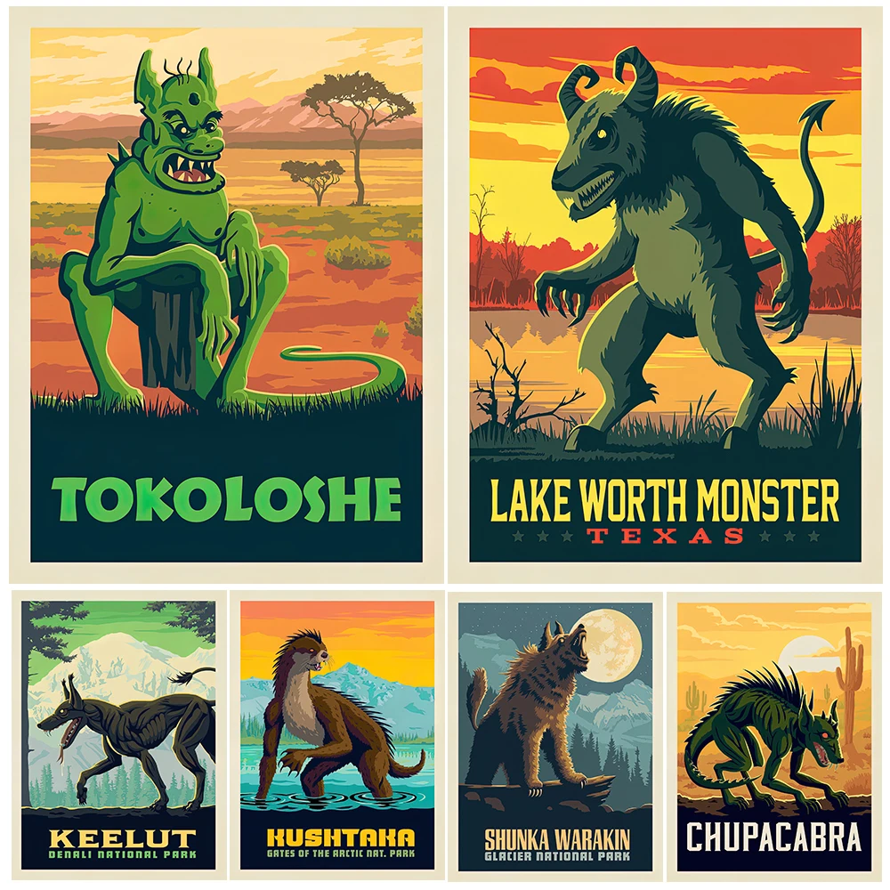 

Mythical Creatures Gohtic Wall Art Canvas Painting,Keelut,Chupacabra,Tokoloshe Wild Monsters Art Poster And Print Home Decor