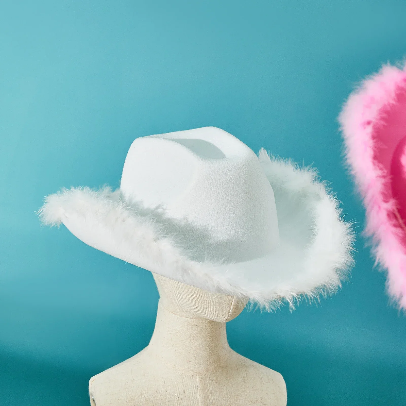 Women\'s Cowboy Hat, Adult Solid Color Furry Trim Wide Brim Hat Female Cap for Dating Party