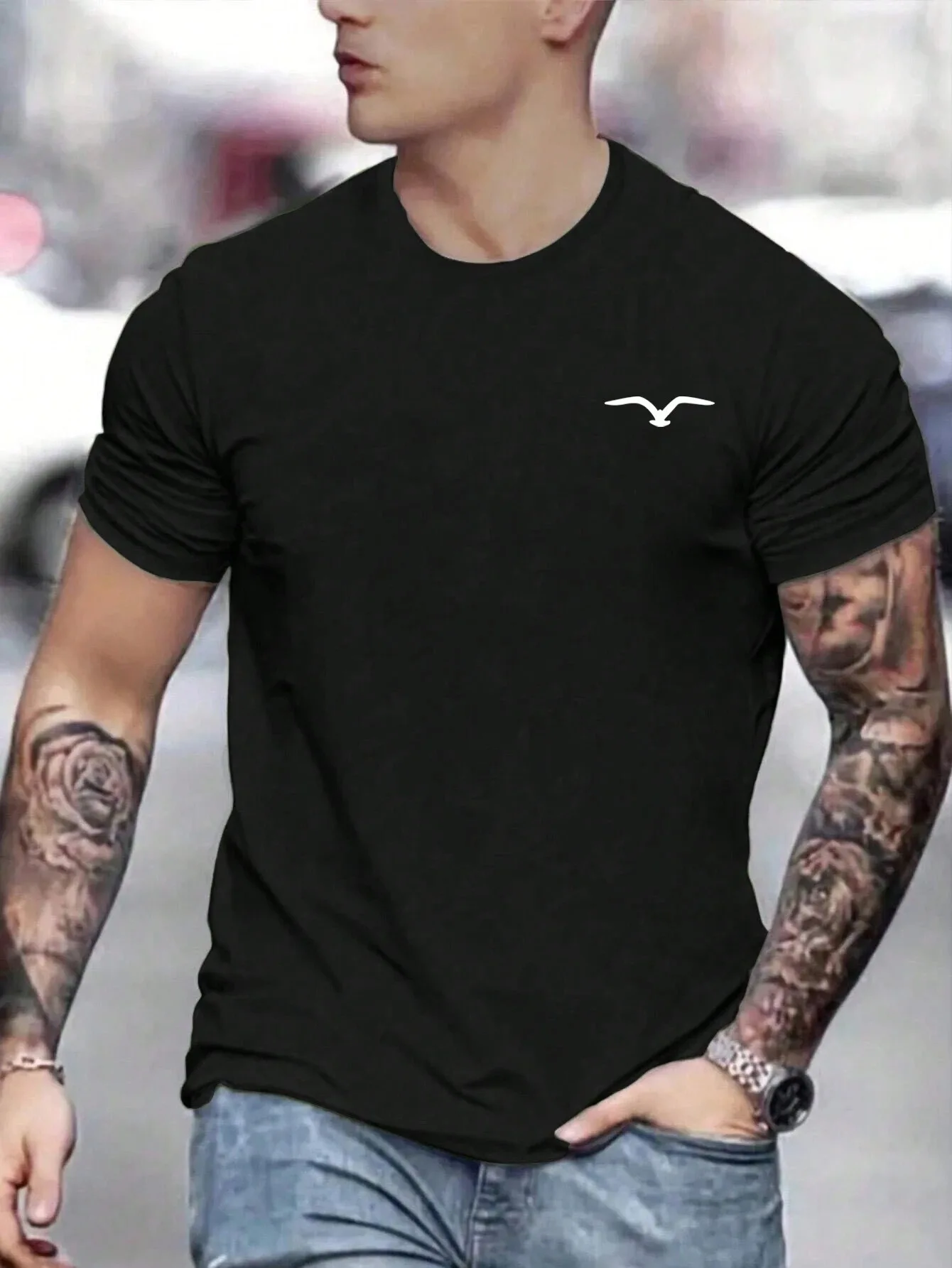 Men's 100% cotton summer loose and comfortable Bird Graphic printed slim fit casual sports round neck short sleeved T-shirt top