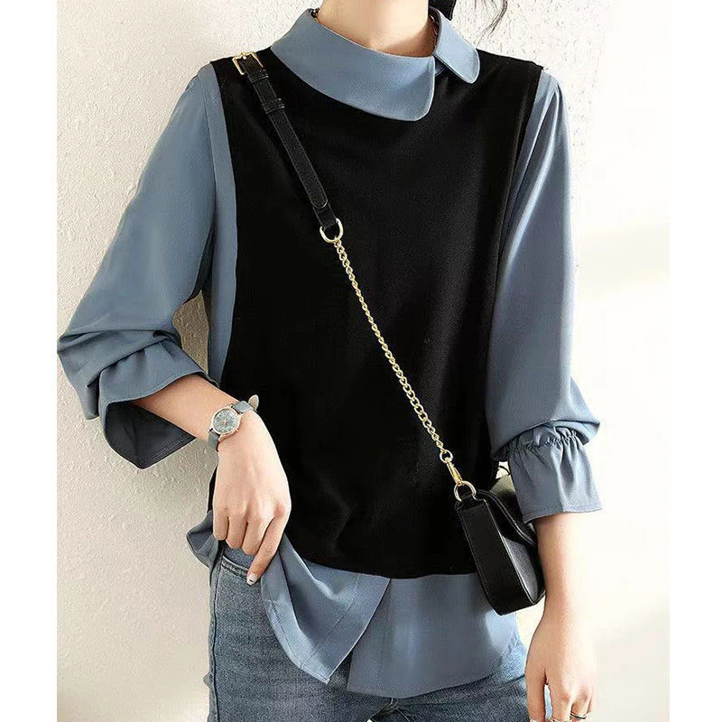 Spring Autumn Korean Style Doll Collar Office Lady Fake Two Piece Elegant Pullover Top Women Long Sleeve Slim Wild Blouse Shirt