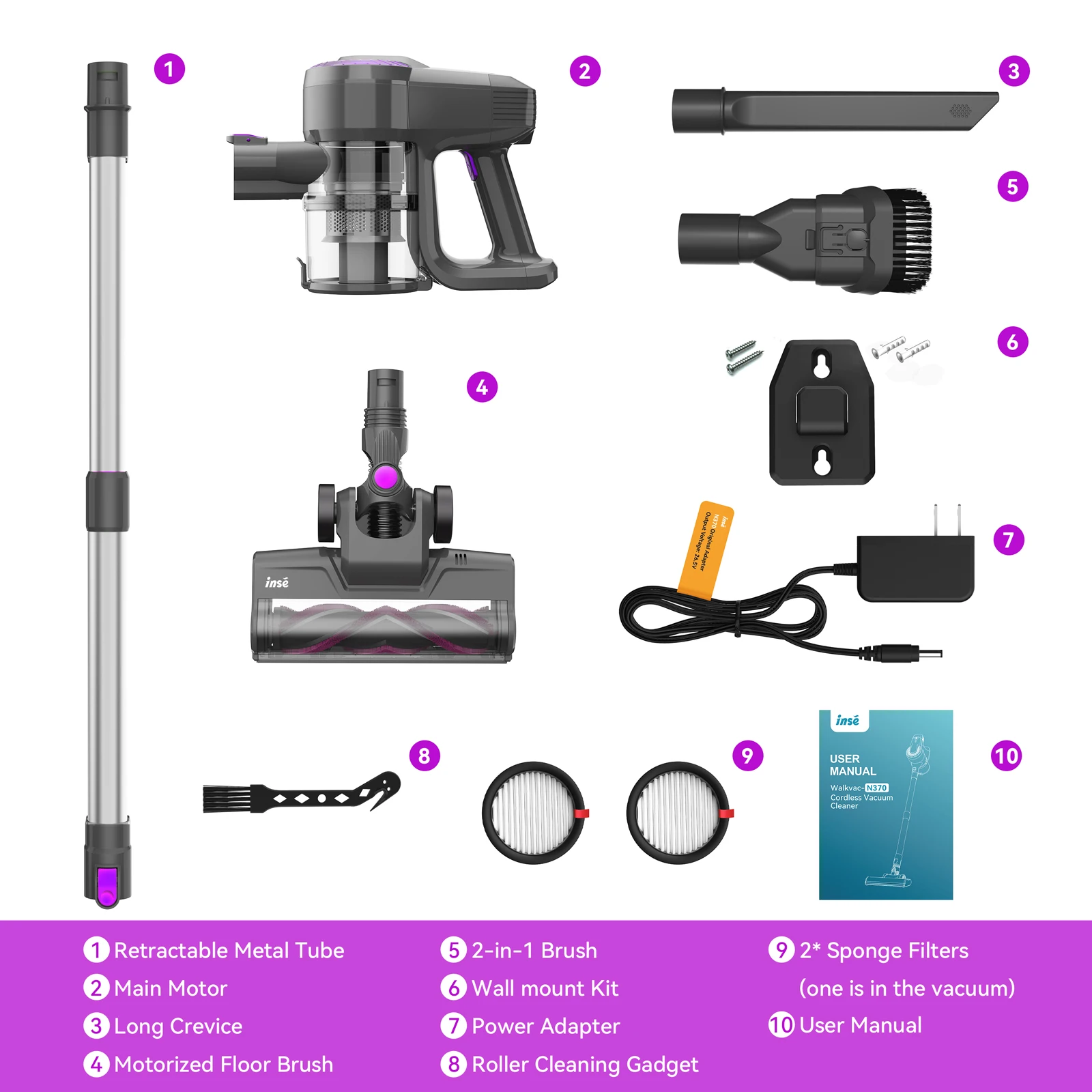 INSE N370 Cordless Vacuum Cleaner, 2200mAh Removable Battery Up to 40Mins Runtime, Stick Vac for Pet Hair Hard Floor Carpet
