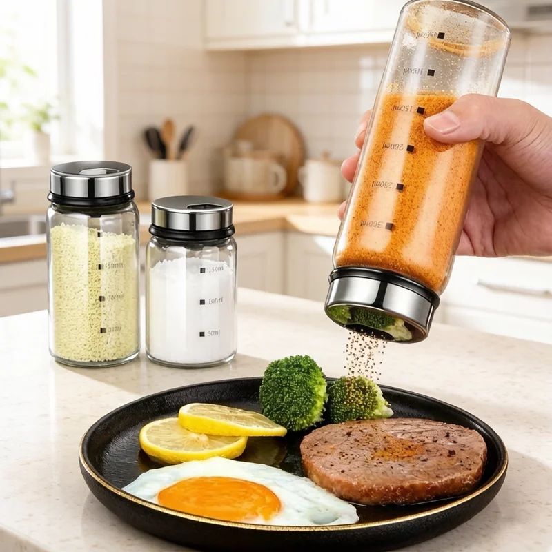 High Borosilicate Glass Seasoning Bottle 200/300/500ml Rotary Lid Spice Shaker Sealed Can Salt Sesame Pepper Condiment Storage