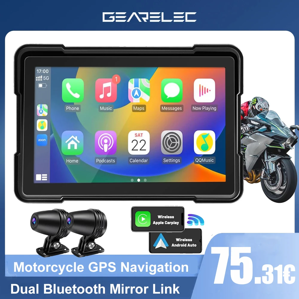 GEFlaLEC-Moniteur automatique étanche pour moto, navigation GPS, Apple Carplay, écran 5 pouces, portable, sans fil, Android, DVR