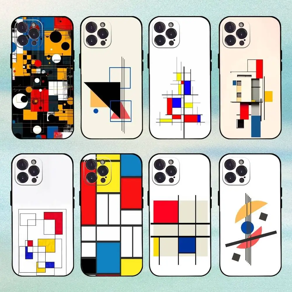 

Abstract Piet Mondrian Pattern Phone Case For iPhone 16,15,14,13,12Plus,Pro Max,XS,5G Soft Silicone Black Cover