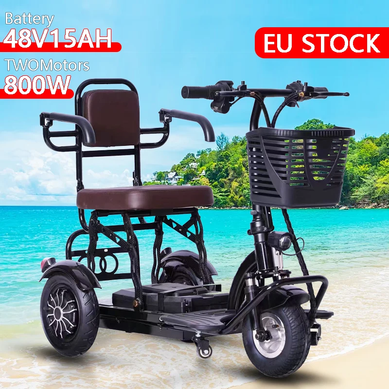 Foldable mobility scooter for the disabled 3-wheel elderly electric scooter mini small adult 800W-48V15AH removable battery