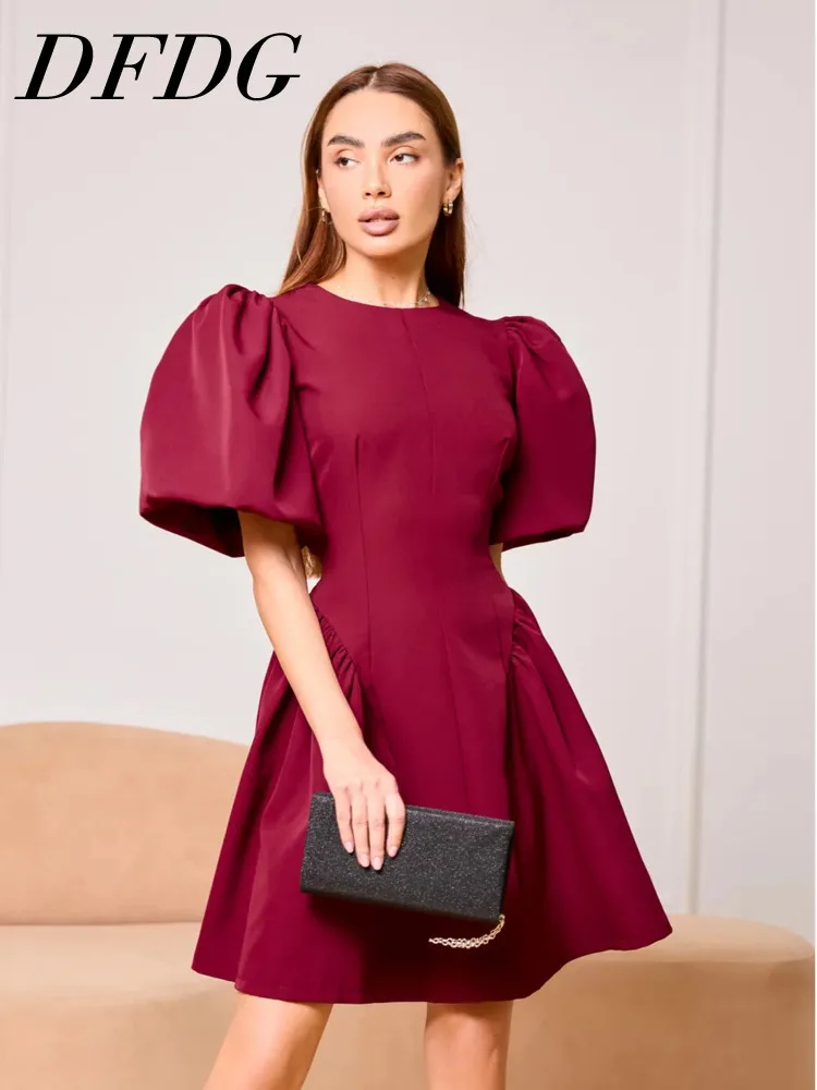 

Женское мини-платье DFDG с пышными рукавами и драпировкой, А-силуэт, весна-лето, элегантное повседневное платье для свиданий, модное женственное платье 2026 года