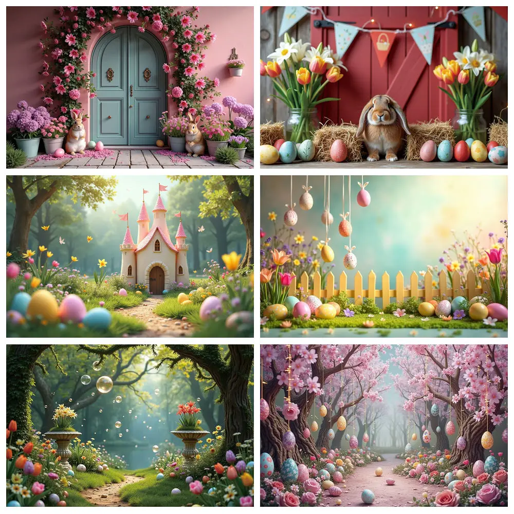 

Easter Forest Rabbit Background Photography Arch Wooden Door Eggs Flower Backdrop Baby Birthday Portrait Party Decor
