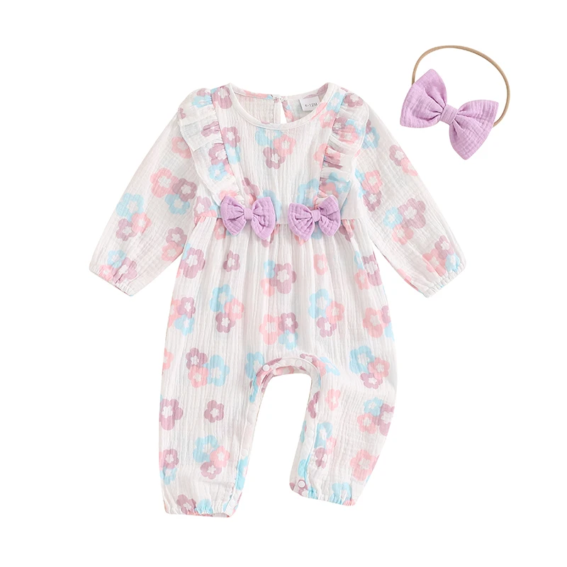 

Baby Girls Rompers Flower Print Bowknot Ruffles Round Neck Long Sleeve Toddler Bodysuits Fall Clothes with Headband