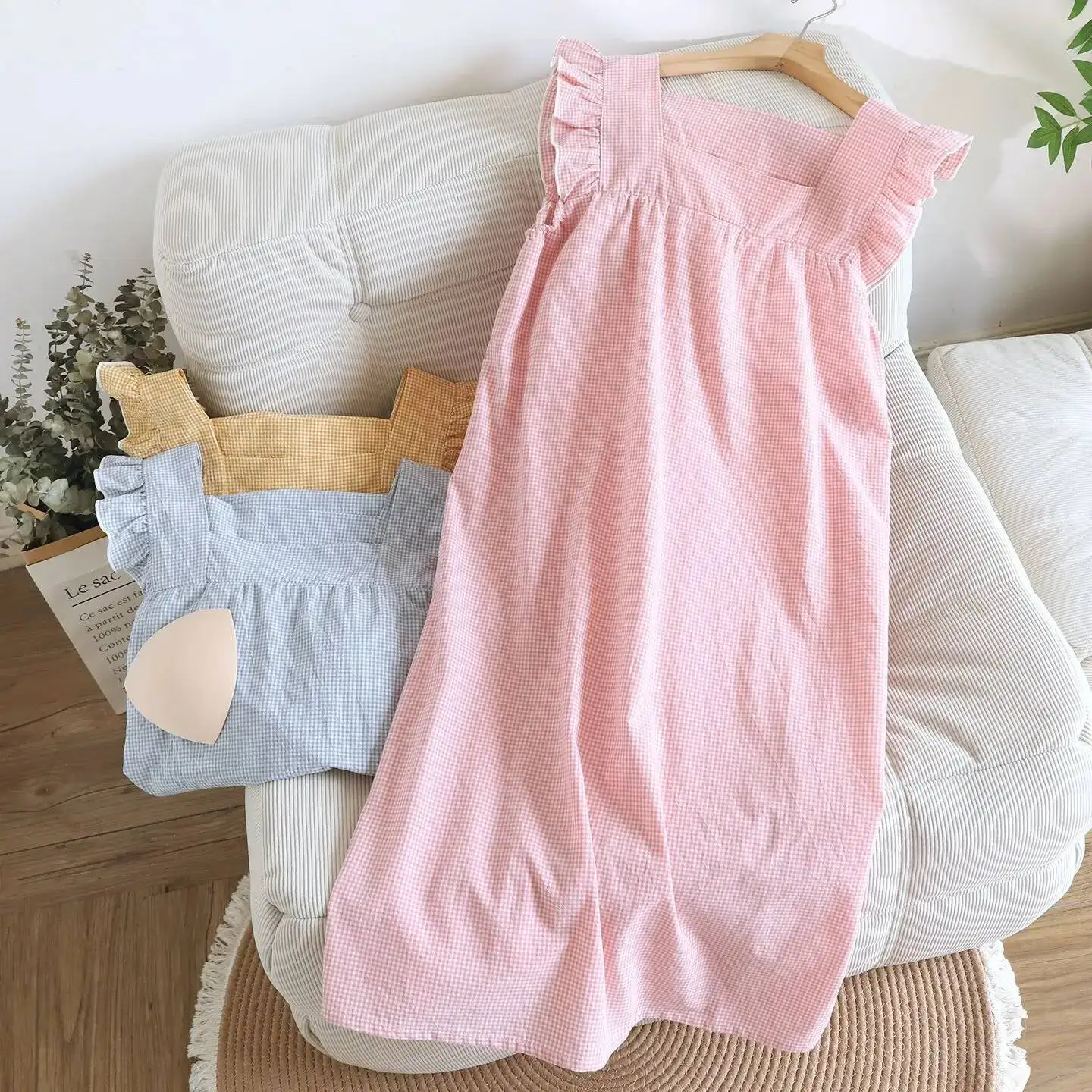 فستان باما بدون أكمام للسيدات للربيع والصيف بتصميم منقوش من القطن الرقيق مع وسادة صدر، ثوب نوم جميل