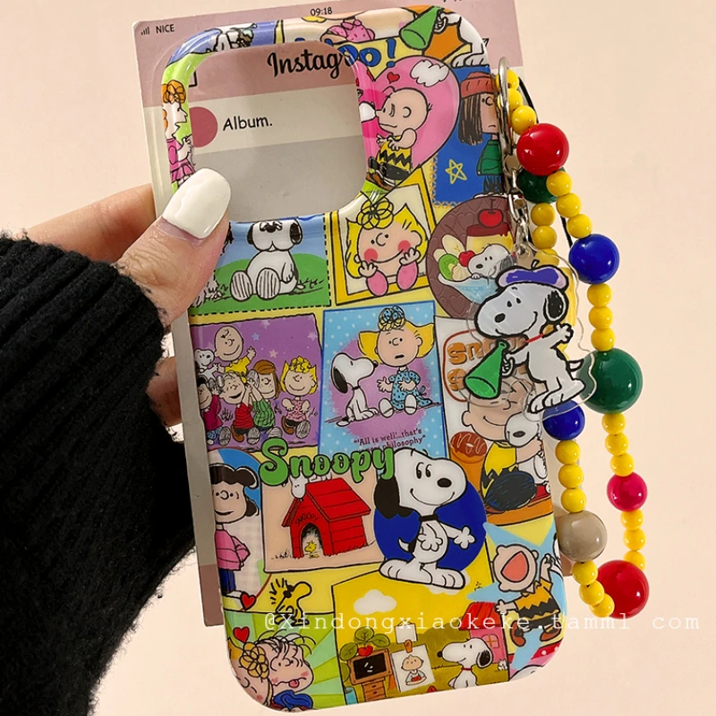 

Cute Cartoon Snoopy Charlie Brown illustration Phone Case For iPhone 16 15 14 13 12 Pro Max shockproof Hard Cover With Lanyard