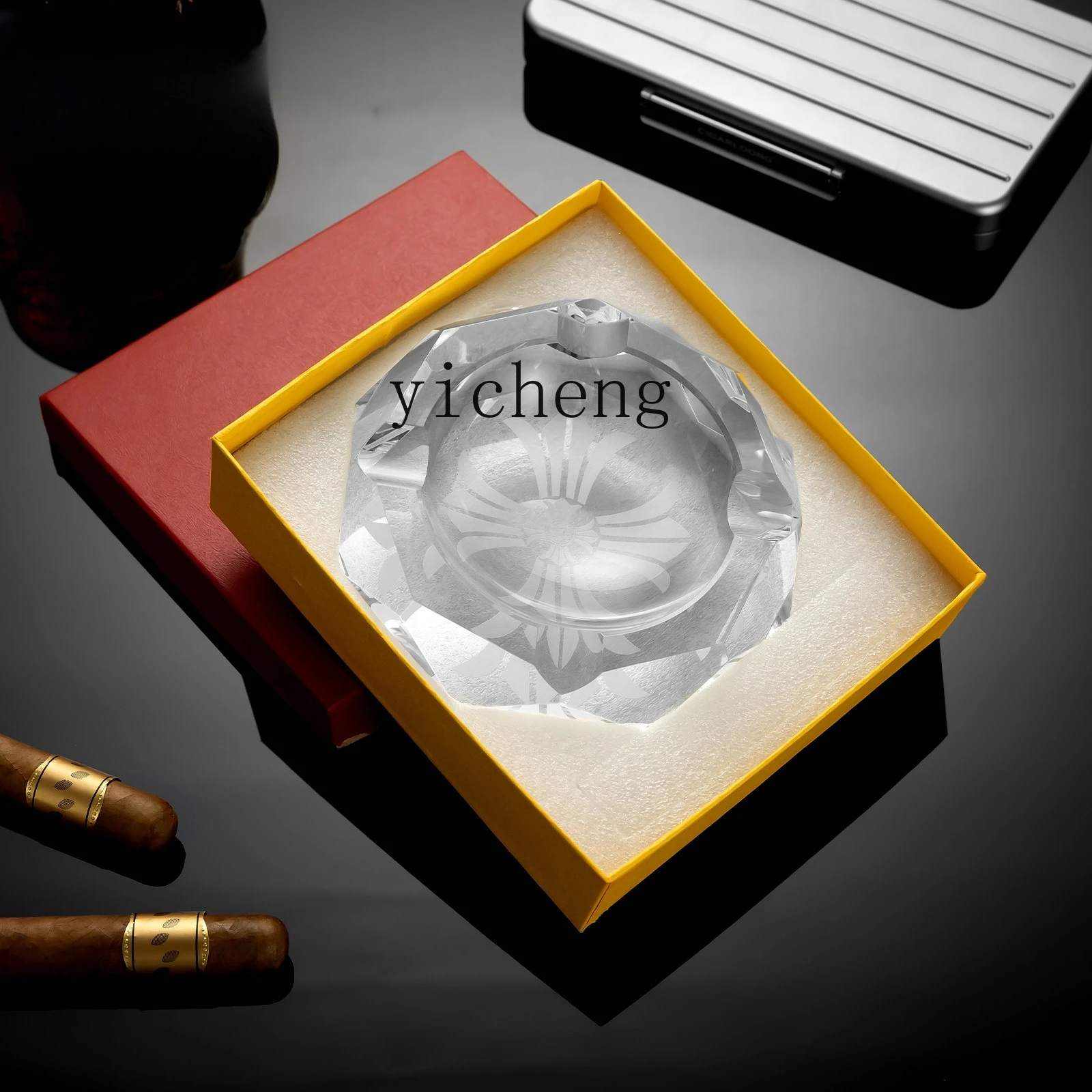 

Accessory with Gift Box CG-24IP2 Ashtray Glass Luxury Transparent with 4 Large-Caliber Slot Home Office Decoration Smoking