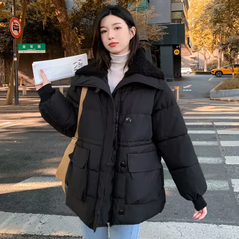 2023 New Women Winter Thicken Lamb Wool Warm Casual Parkas Solid Color Big Pocket Lapel Jackets Fashion Loose Large Size Outwear