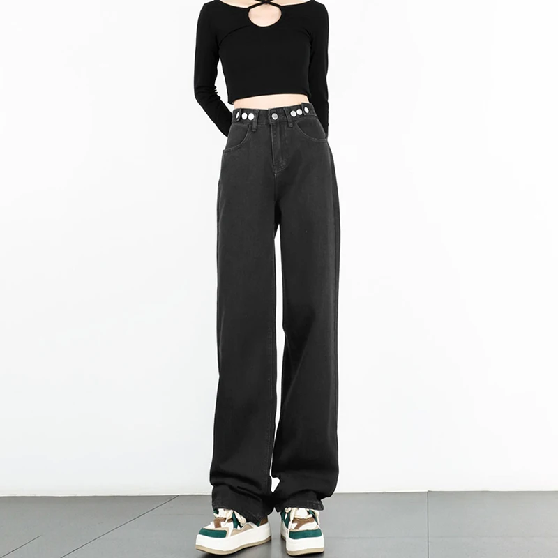 

Slimming Summer Denim Pants Women's High Waist Straight Leg Trousers Elastic Waist Wide Leg Pants Spring Autumn Style