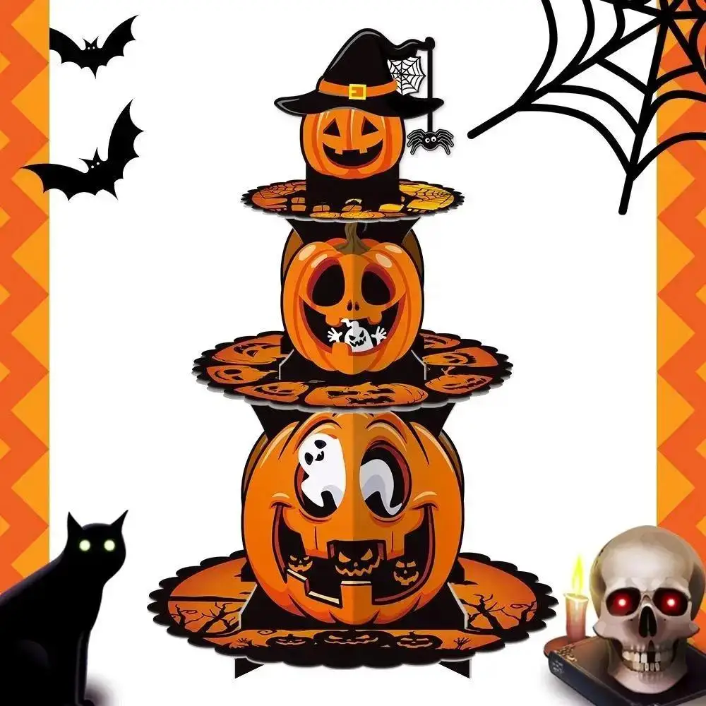 Halloween Pumpkin Multi Layer Paper Cake Stand Dessert Tray Ghost Festival Table Decor Party Snack Display Holder Supplies