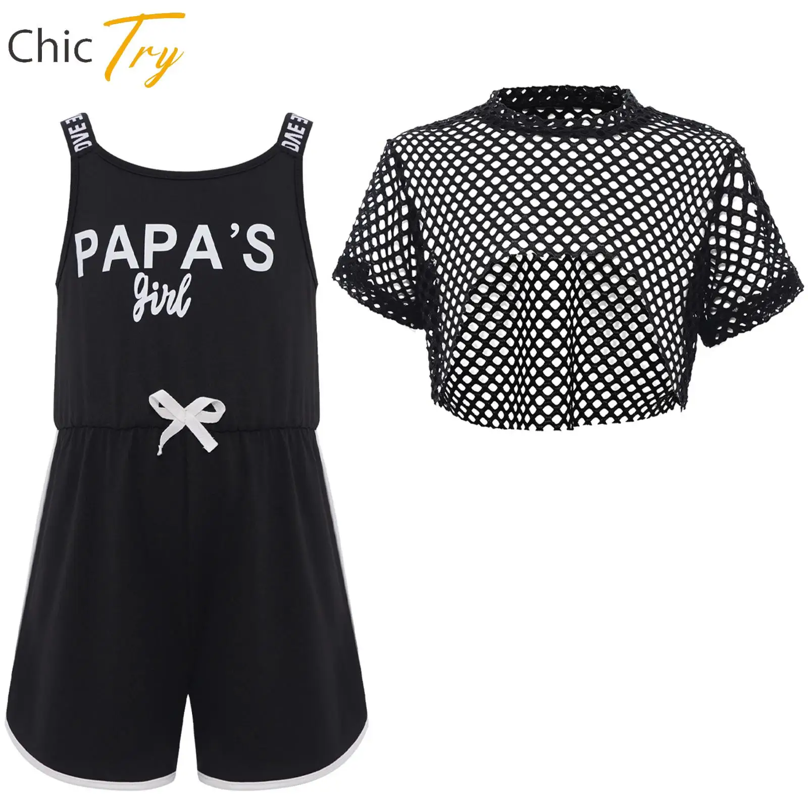 

4-8Y Kids Girls 2-Piece Sports Outfit Short Sleeve Asymmetrical Hem Hollow Out Mesh Crop Top with Wide Shoulder Straps Jumpsuit