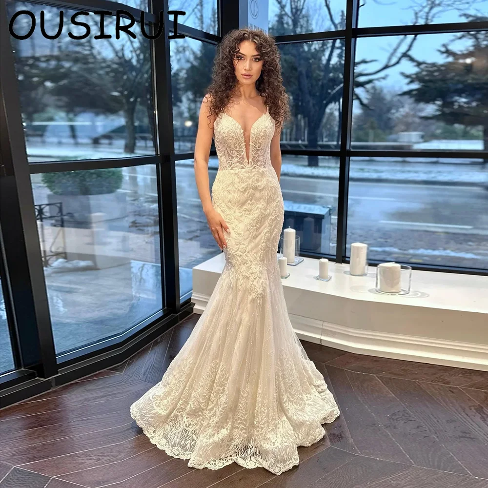 

OUSIRUI Charming Spaghetti Straps Lace Mermaid Bridal Wedding Dress Court Backless Wedding Party Gown Vestido de novia