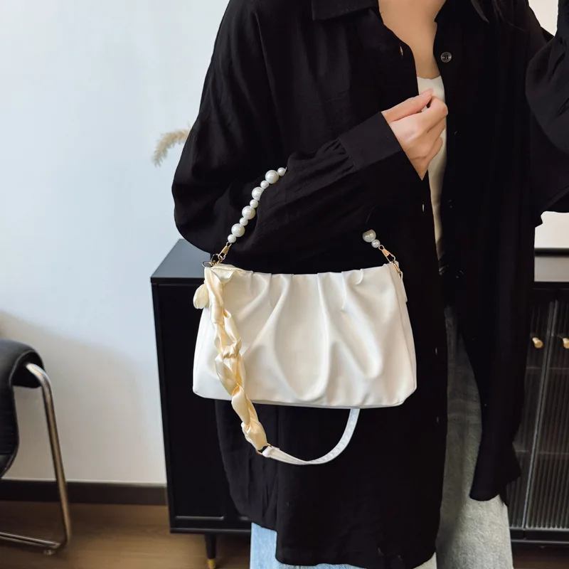 

2025 New Solid Beaded Scarf Bag Women Minimalist Wrinkled Large Capacity Underarm Square Shoulder Purse