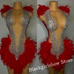 Shiny Red Short Homecoming Prom Dress 2024 Luxurious Sexy Crystal Beaded Feather Black Girl Birthday Party Celebrity Dress