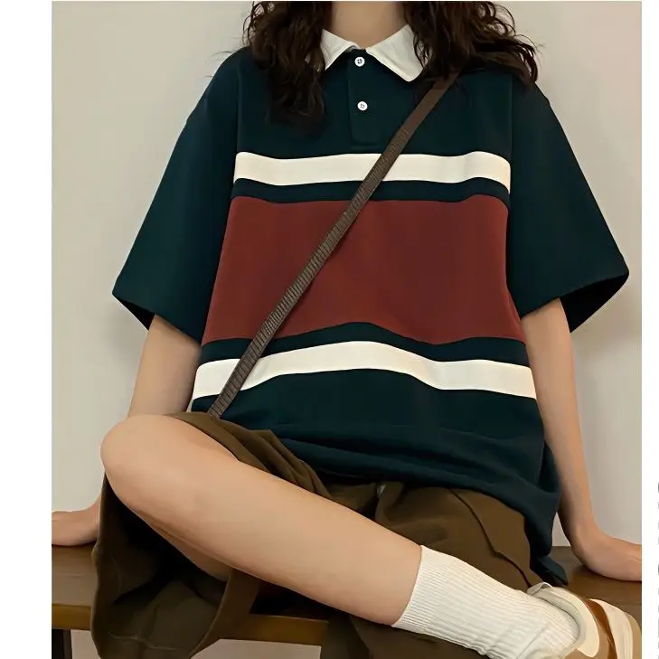 

Summer new style college loose American retro style color blocked striped POLO shirt short sleeved T shirt unisex same style y2k