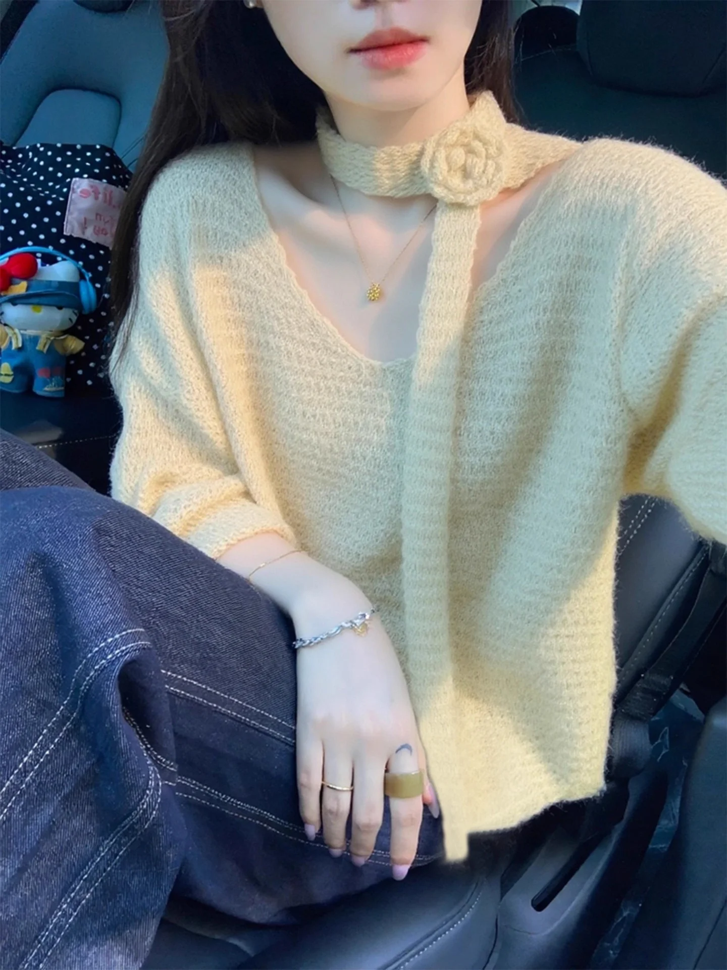 

Loose Women's Knitted Sweater Spring Autumn V-ne Long Sve Floral Patterned Comfortable Casual Sle Faionable Knitwear