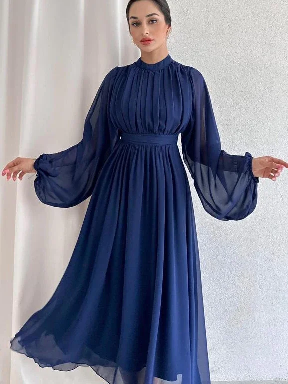 Beautiful Women\'s Dress Half High Collar Pleated Dresses with Long Sleeve Slim Elegant Black Chiffon Dress for Women 2024 Summer