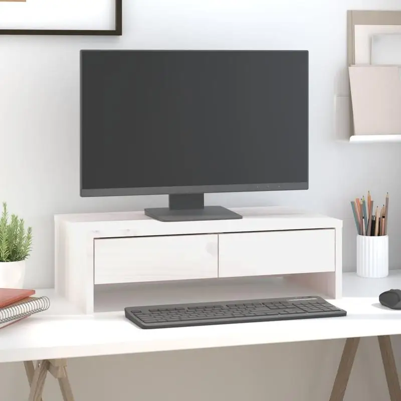 Support d'écran en bois de pin massif, rehausseur d'ordinateur robuste pour bureau, finition blanche, 50x27x15 cm, rehausseur ergonomique pour ordinateur portable pour bureau à domicile, améliore la productivité et le confort