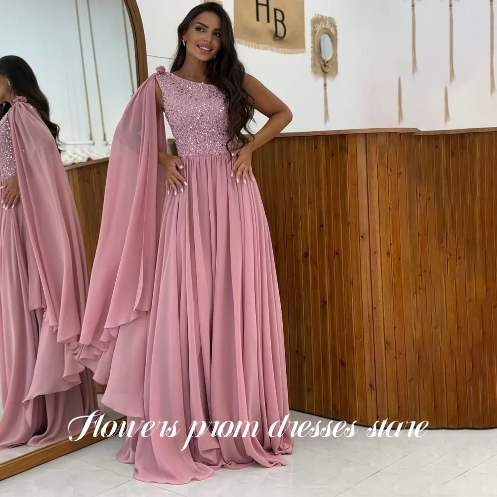 

Flowers Prom Dress One Shoulder Glitter Sequins Party Dress A-Line Evening Dresses Gala Chiffon Dress robe de soirée Customized