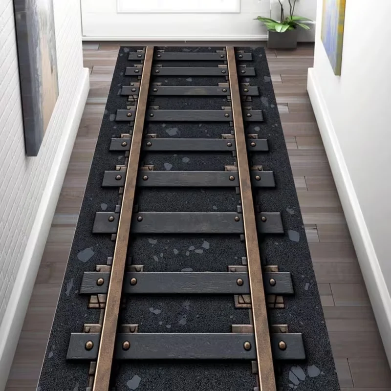 Patchly Eisenbahnschienen-Teppich, rutschfest, waschbar, rechteckige Form, für Zugkorridor, Wohnzimmer, Küche, Schlafzimmer, langer Teppich, Dekoration