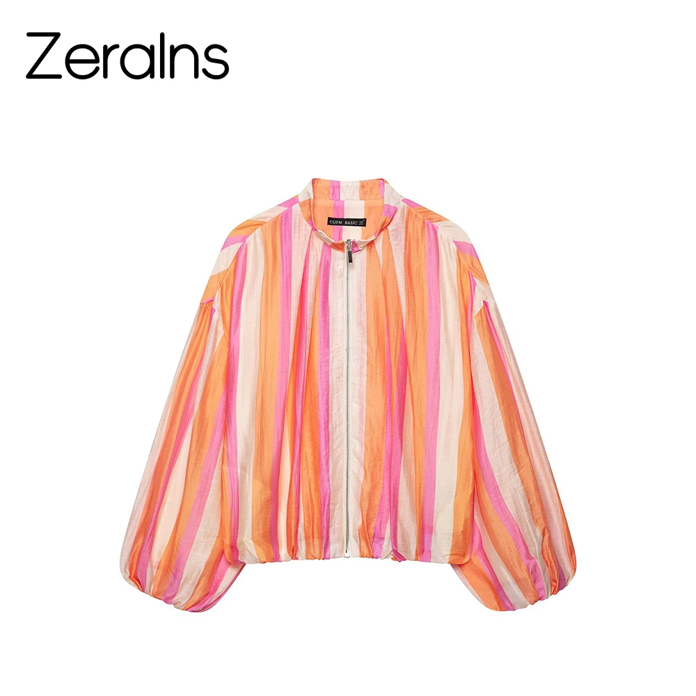 ZERAINS 2026 Summer New Product Women's Fashion Versatile Long Sleeve Stand up Collar Striped Pilot Jacket Coat