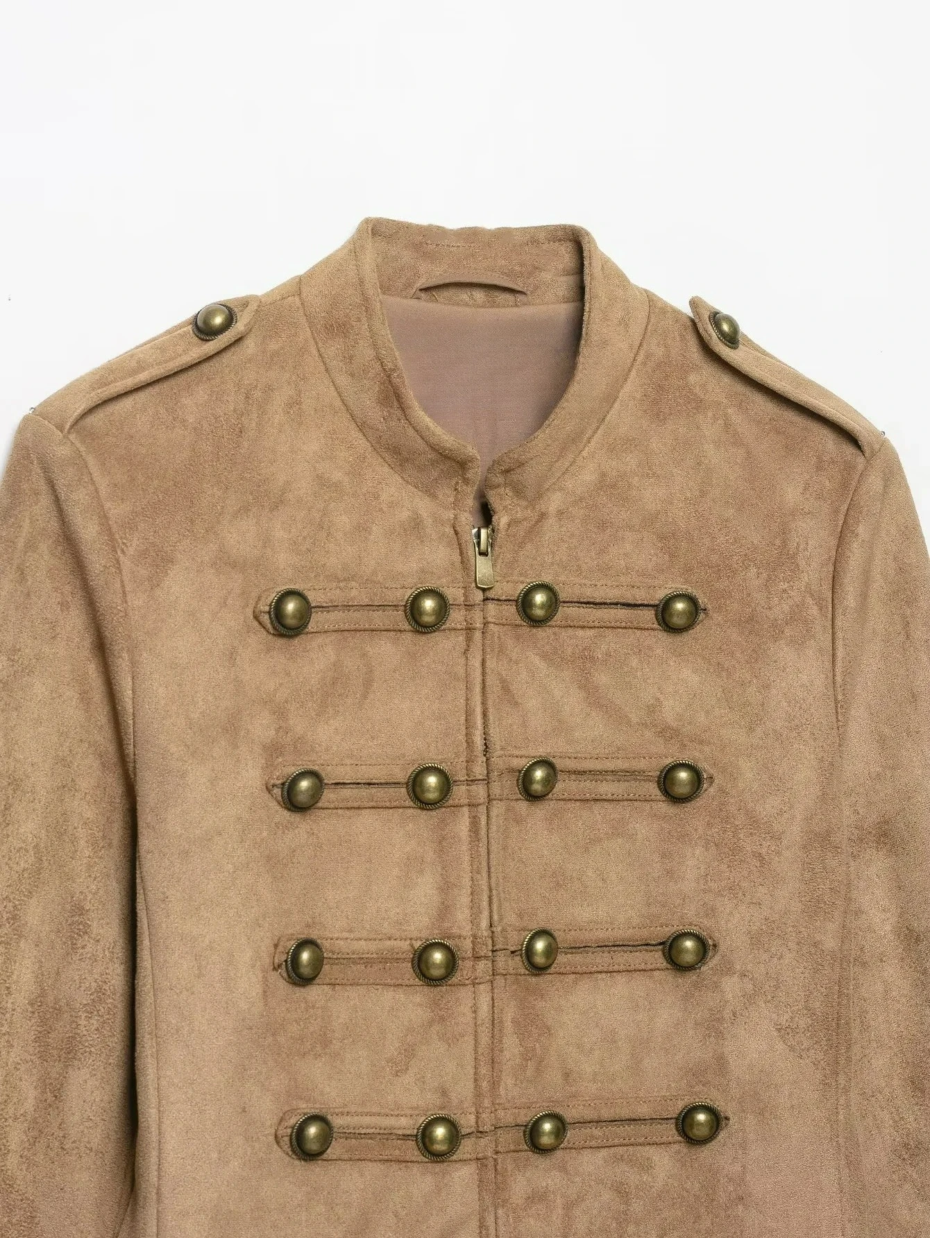 KONDALA Streetwear Vintage Chic Wildleder Khaki Damenjacke mit Knotenknöpfen, Reißverschluss, Langarm, Mode 2026 Herbst-Winter-Jacke – Detail 8