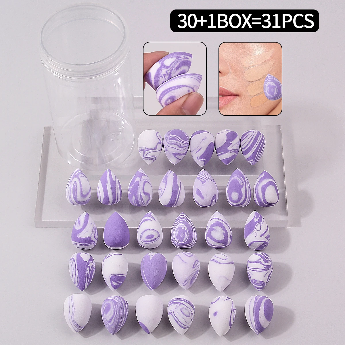 30-teiliges Box-Make-up-Schwamm-Set mit Vorratsglas und Mixer-Werkzeug – ultraweiche Concealer-Mischschwämme, tragbares Reise-Kosmetik-Set