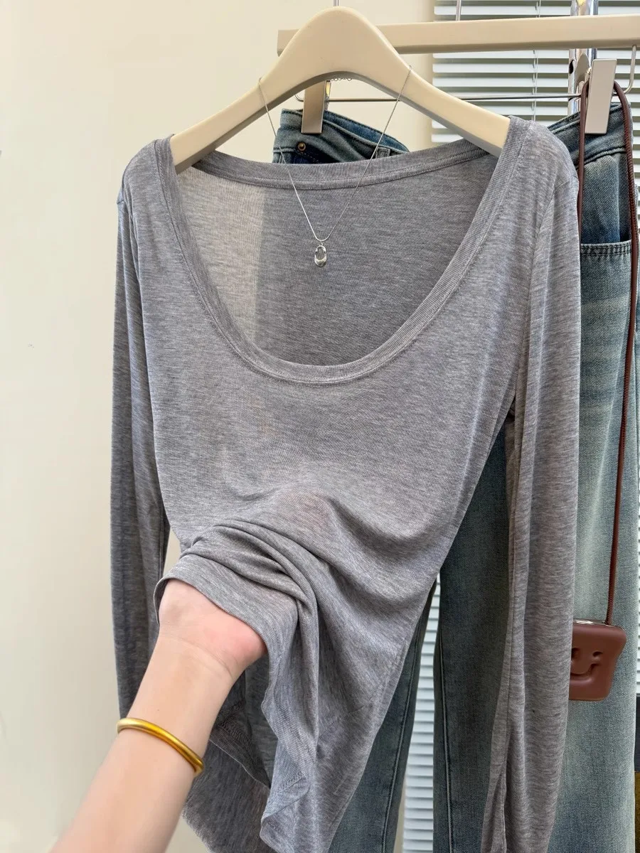 Slim Fit Long Sve U Ne Air Conditioned Top Korean Sle Women's Summer T irt Lightweight Translucent Airy Casual Tee