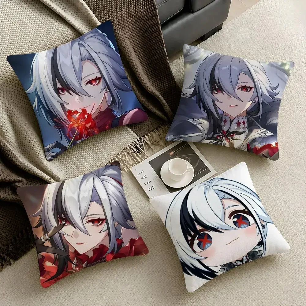 Gaming Genshin Impact Arlecchino Chibi Cushion Cover Throw Pillow Soft Short Plush Durable Colorfast Sofa Bedroom Home Decor