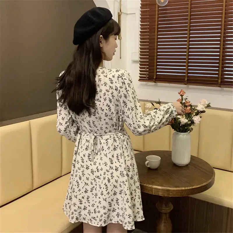 Dress Women Spring Autumn Vintage Floral Print V-Neck Dresses Women Long Sleeve Mini Dress Korean Fashion Vestido De Mujer